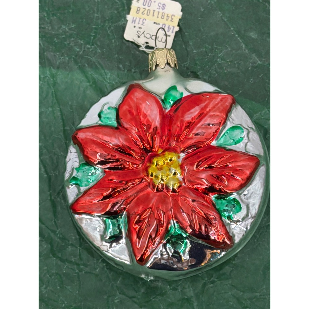 Vintage West Germany Glass Christmas Ornament Red Poinsettia Silver Mercury Disc